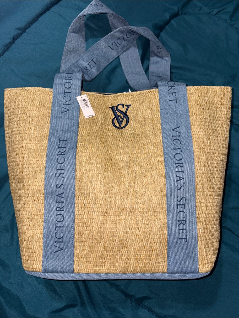 NWT - Victoria's Secret Straw Tote w/ Light Blue Denim Trim - Large